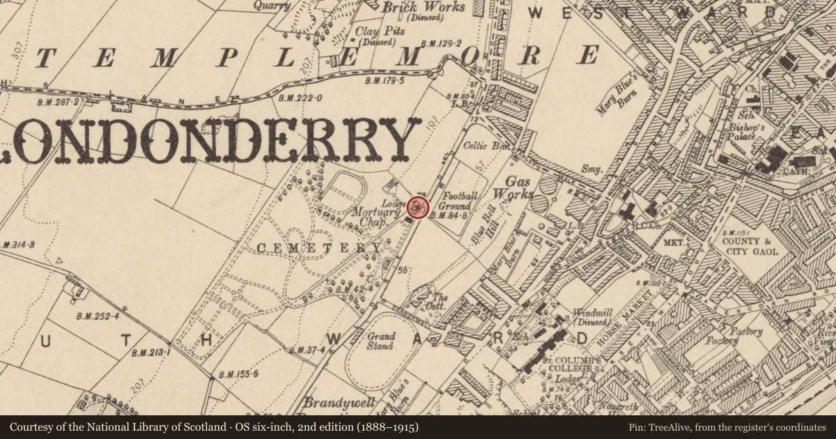 Ordnance Survey six-inch map, 2nd edition (1888–1915) covering the location of Superintendant's House, Ballymagowan, Derry City and Strabane, with a pin at the register's coordinates
