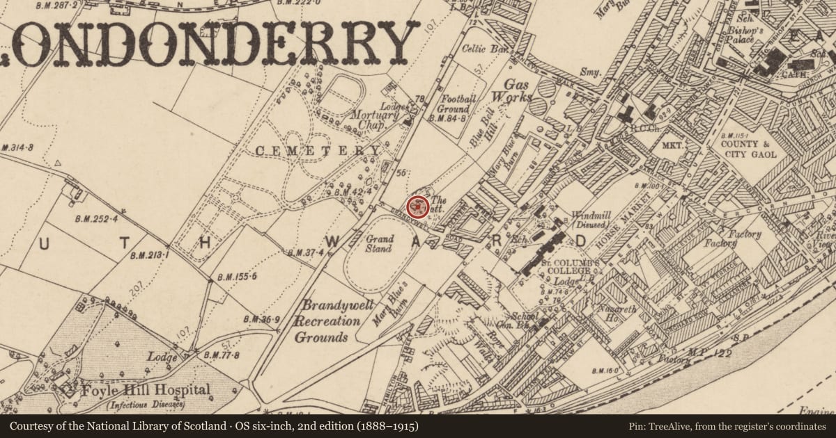 Ordnance Survey six-inch map, 2nd edition (1888–1915) covering the location of Brandywell Cottage, Derry City and Strabane, with a pin at the register's coordinates