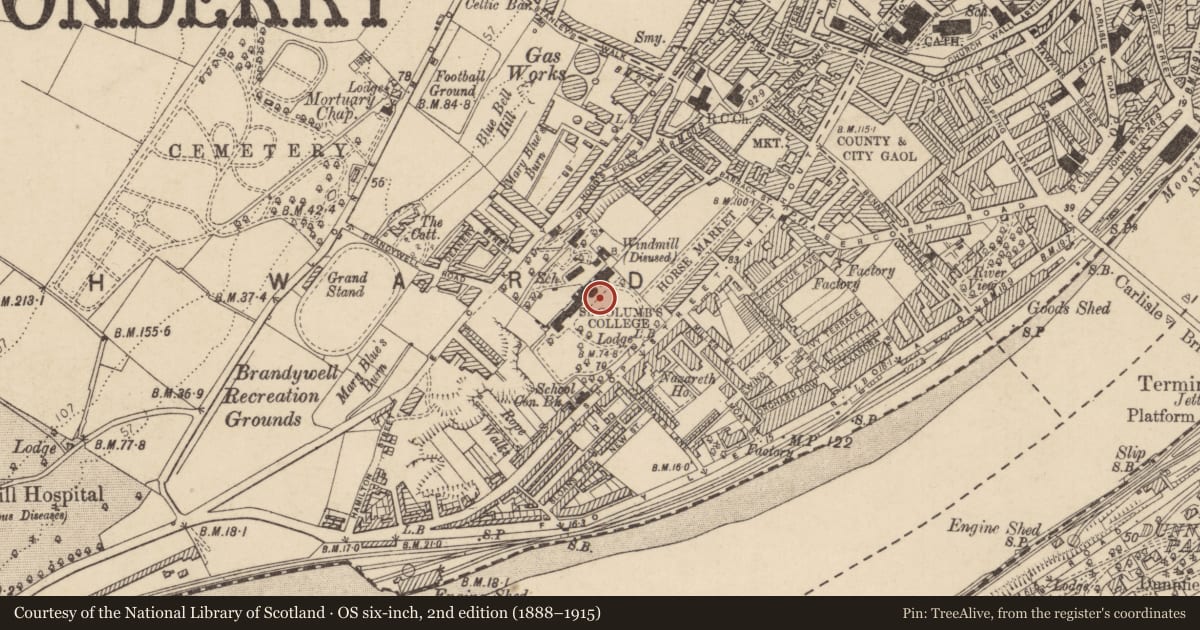 Ordnance Survey six-inch map, 2nd edition (1888–1915) covering the location of Lumen Christi College Chapel, Londonderry, Derry City and Strabane, with a pin at the register's coordinates