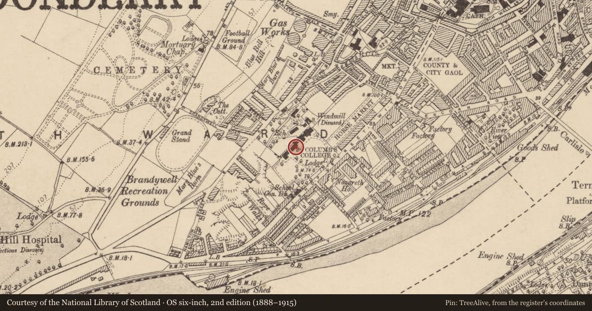 Ordnance Survey six-inch map, 2nd edition (1888–1915) covering the location of Lumen Christi College, Londonderry, Derry City and Strabane, with a pin at the register's coordinates