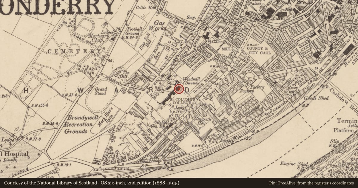 Ordnance Survey six-inch map, 2nd edition (1888–1915) covering the location of Lumen Christi College, Londonderry, Derry City and Strabane, with a pin at the register's coordinates