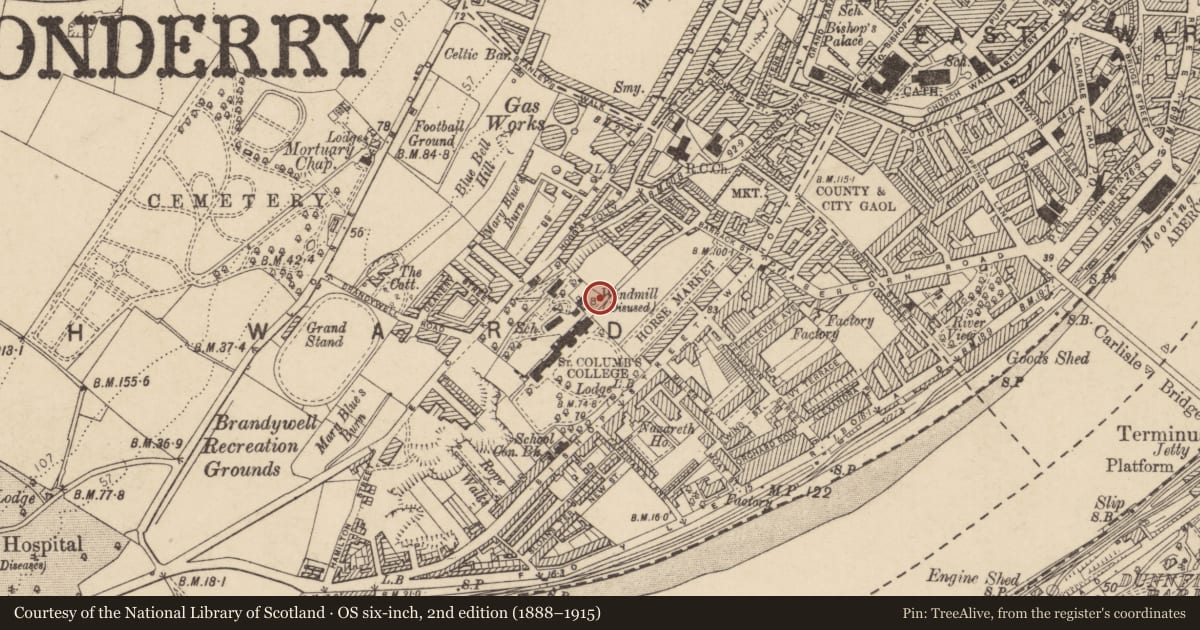 Ordnance Survey six-inch map, 2nd edition (1888–1915) covering the location of St Columb’s College (Windmill), Derry City and Strabane, with a pin at the register's coordinates