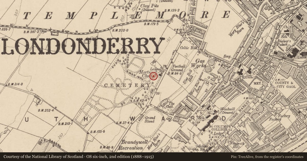 Ordnance Survey six-inch map, 2nd edition (1888–1915) covering the location of Cross of Sacrifice, Ballymagowan, Derry City and Strabane, with a pin at the register's coordinates