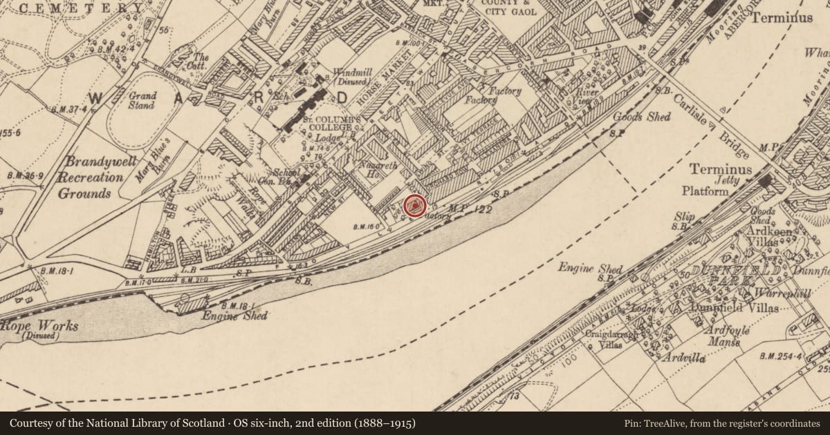 Ordnance Survey six-inch map, 2nd edition (1888–1915) covering the location of Star Factory, Londonderry and Suburbs, Derry City and Strabane, with a pin at the register's coordinates