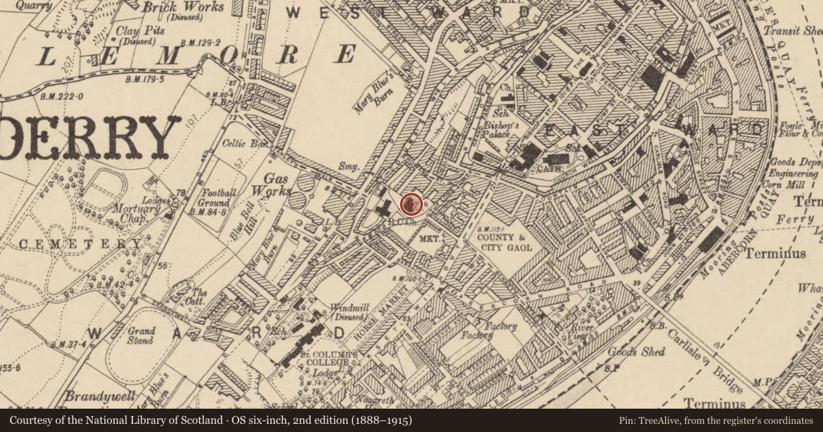 Ordnance Survey six-inch map, 2nd edition (1888–1915) covering the location of St Columb's Girls School, Londonderry, Derry City and Strabane, with a pin at the register's coordinates