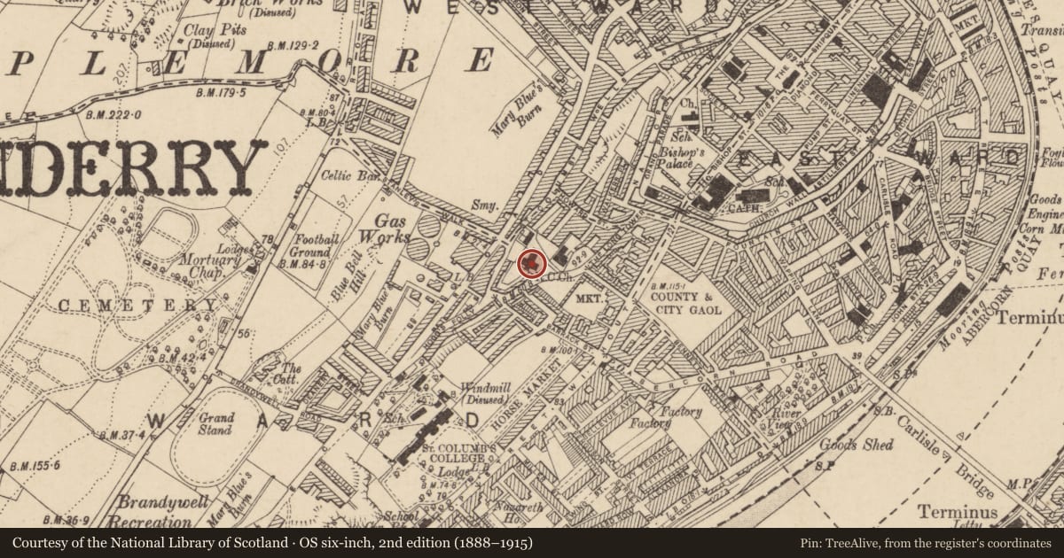 Ordnance Survey six-inch map, 2nd edition (1888–1915) covering the location of St Columba's Church, Londonderry, Derry City and Strabane, with a pin at the register's coordinates