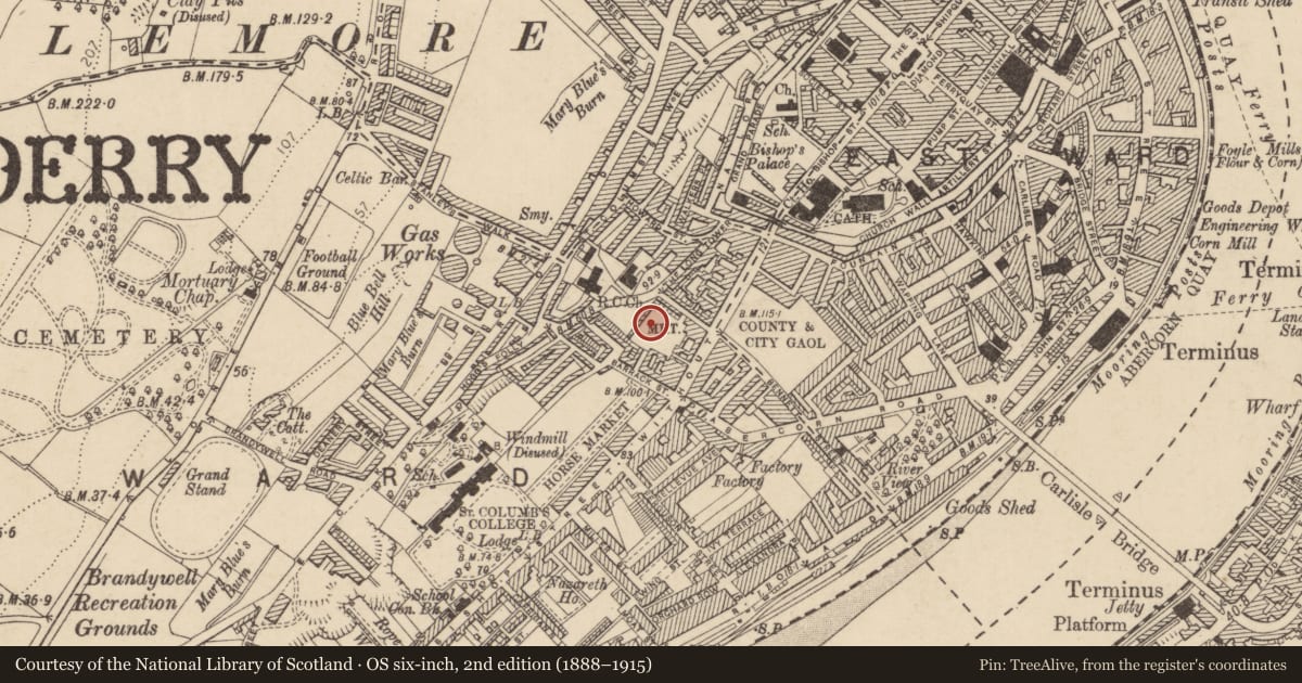 Ordnance Survey six-inch map, 2nd edition (1888–1915) covering the location of St. Columba'S Boys School, Londonderry, Derry City and Strabane, with a pin at the register's coordinates