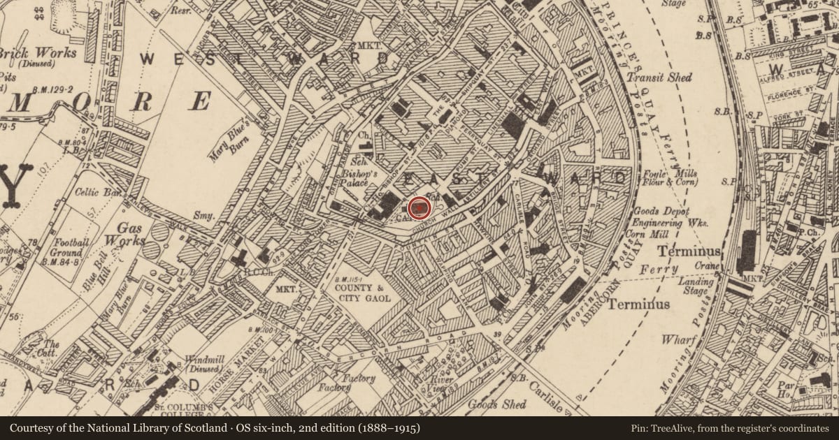 Ordnance Survey six-inch map, 2nd edition (1888–1915) covering the location of St. Columb'S Cathedral, Londonderry, Derry City and Strabane, with a pin at the register's coordinates