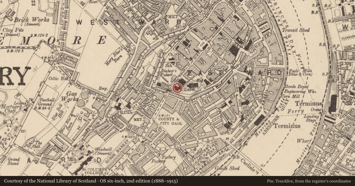 Ordnance Survey six-inch map, 2nd edition (1888–1915) covering the location of Crown and Peace Offices, Londonderry, Derry City and Strabane, with a pin at the register's coordinates