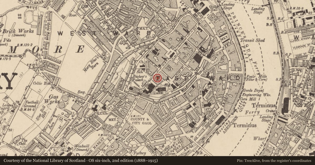 Ordnance Survey six-inch map, 2nd edition (1888–1915) covering the location of The Deanery, Londonderry, Derry City and Strabane, with a pin at the register's coordinates