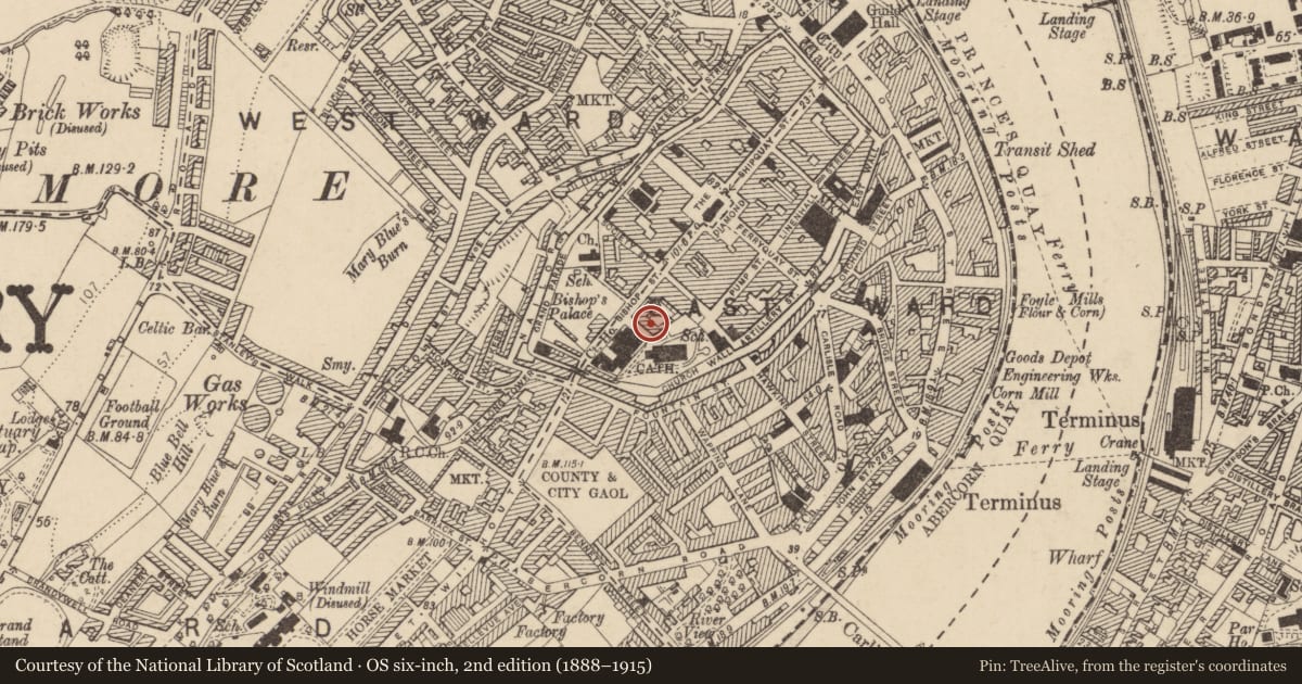 Ordnance Survey six-inch map, 2nd edition (1888–1915) covering the location of 3 St. Columb'S Court, Londonderry, Derry City and Strabane, with a pin at the register's coordinates