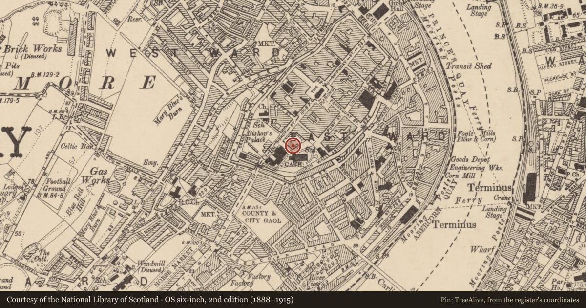Ordnance Survey six-inch map, 2nd edition (1888–1915) covering the location of 4 St. Columb'S Court, Londonderry, Derry City and Strabane, with a pin at the register's coordinates