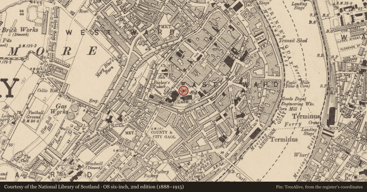 Ordnance Survey six-inch map, 2nd edition (1888–1915) covering the location of 5 St. Columb'S Court, Londonderry, Derry City and Strabane, with a pin at the register's coordinates