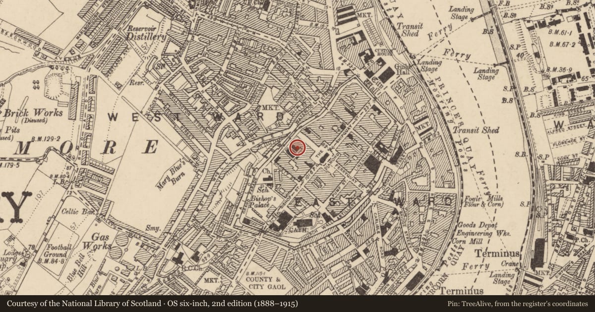 Ordnance Survey six-inch map, 2nd edition (1888–1915) covering the location of Lecture Hall, Londonderry, Derry City and Strabane, with a pin at the register's coordinates