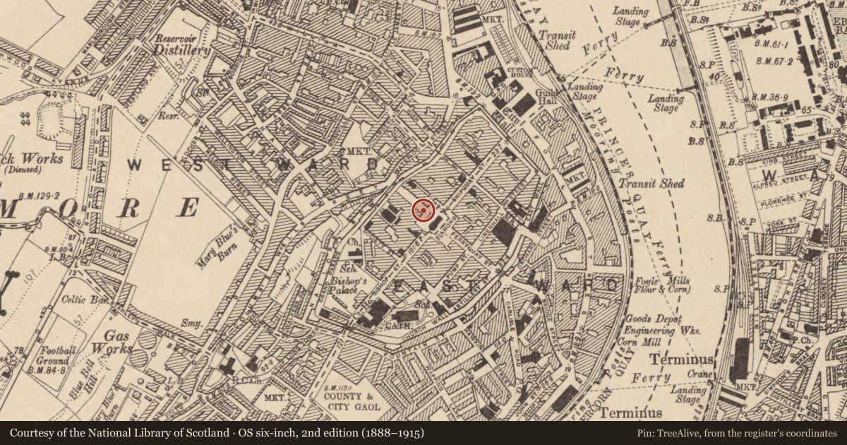 Ordnance Survey six-inch map, 2nd edition (1888–1915) covering the location of Shop, Londonderry, Derry City and Strabane, with a pin at the register's coordinates