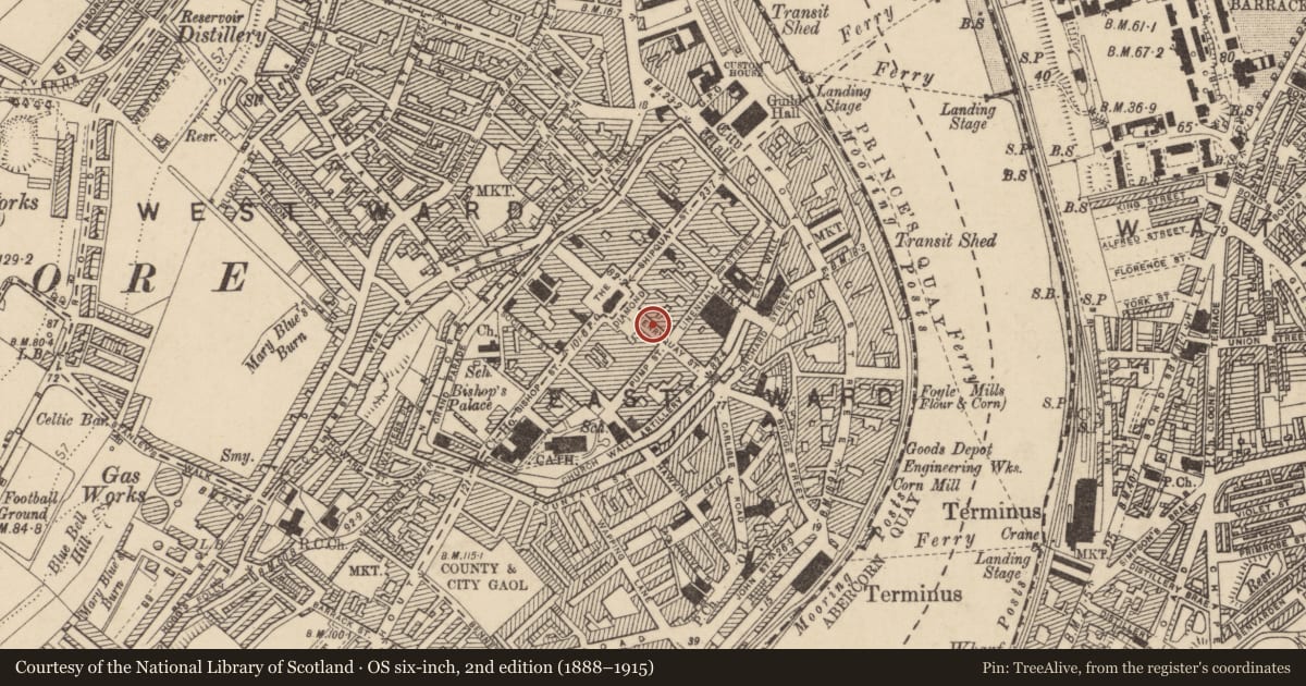 Ordnance Survey six-inch map, 2nd edition (1888–1915) covering the location of 4 Ferryquay Street, Derry City and Strabane, with a pin at the register's coordinates