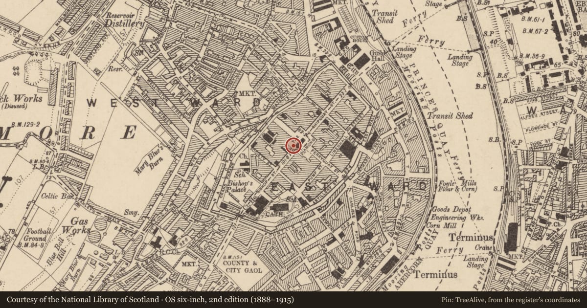 Ordnance Survey six-inch map, 2nd edition (1888–1915) covering the location of 23-24 The Diamond, Derry City and Strabane, with a pin at the register's coordinates
