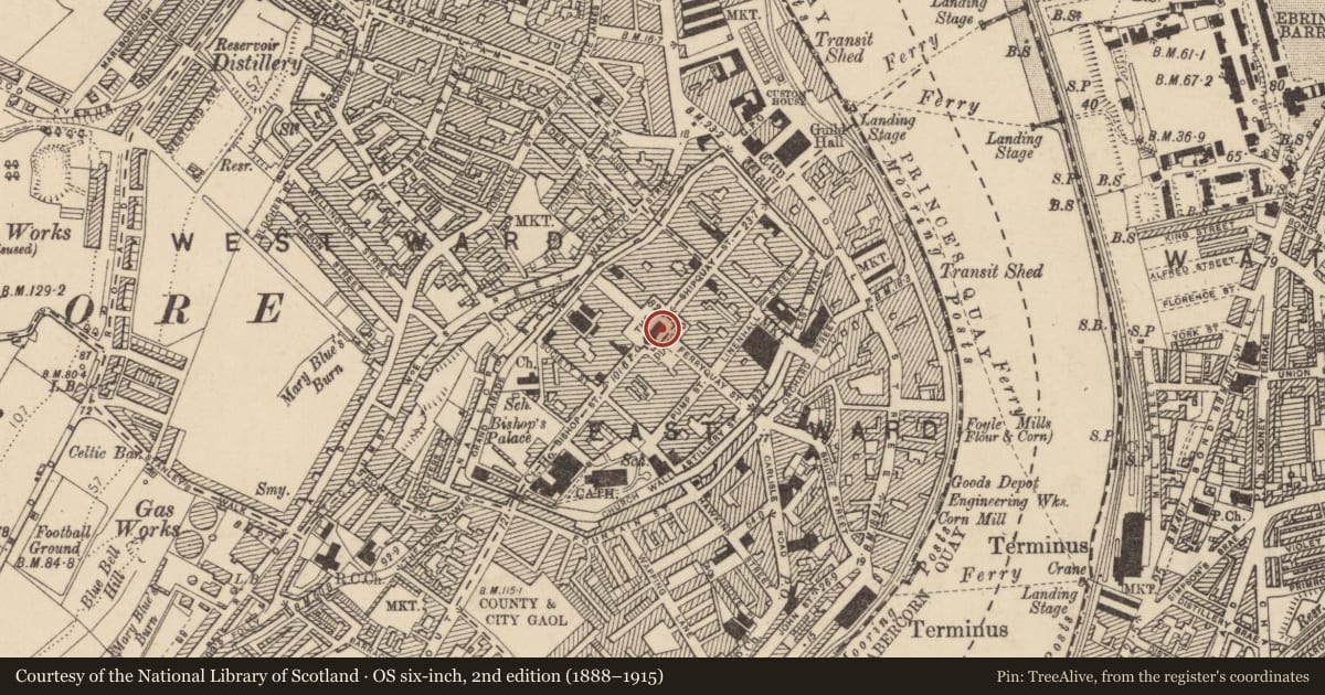 Ordnance Survey six-inch map, 2nd edition (1888–1915) covering the location of War Memorial, Londonderry, Derry City and Strabane, with a pin at the register's coordinates