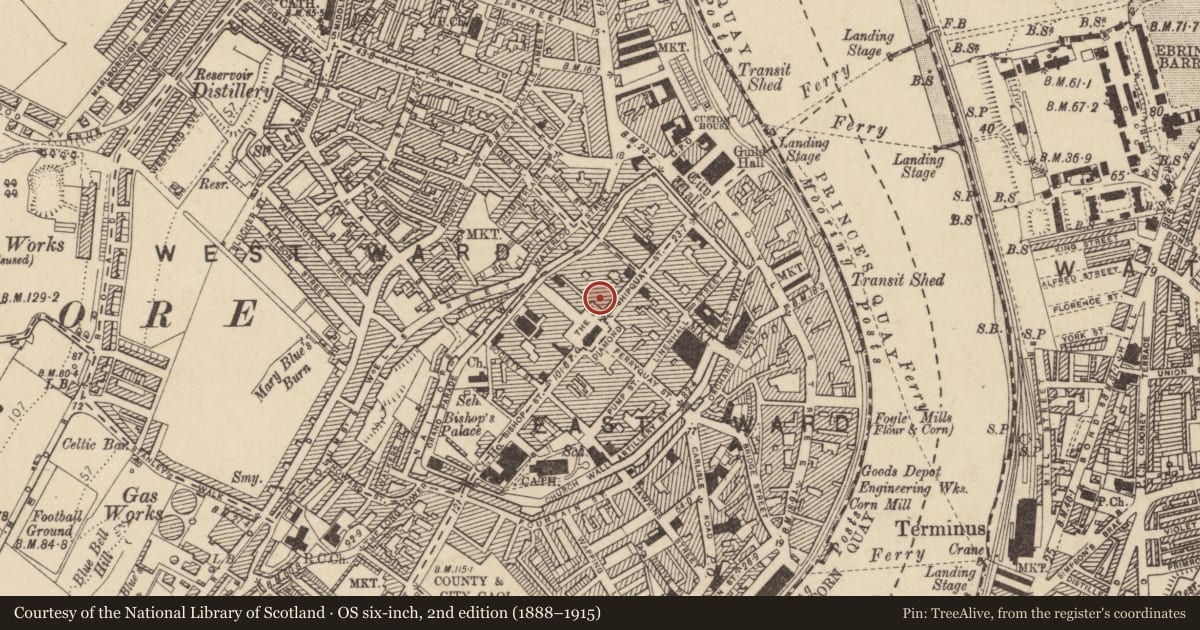 Ordnance Survey six-inch map, 2nd edition (1888–1915) covering the location of Presbyterian Young Men’s Association, Derry City and Strabane, with a pin at the register's coordinates