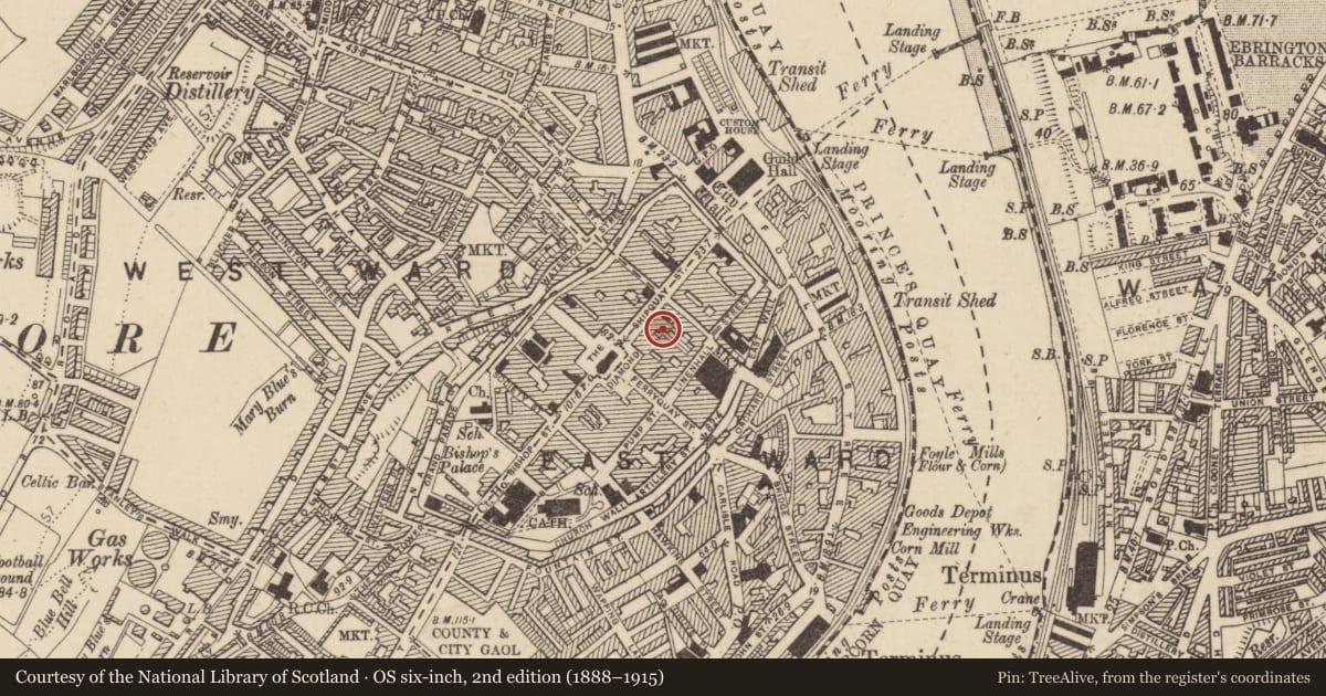Ordnance Survey six-inch map, 2nd edition (1888–1915) covering the location of Former Derry Journal Office, Derry City and Strabane, with a pin at the register's coordinates