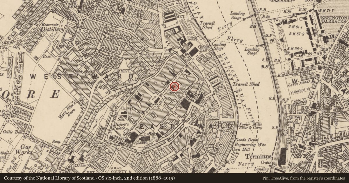 Ordnance Survey six-inch map, 2nd edition (1888–1915) covering the location of Allied Irish Bank, Londonderry, Derry City and Strabane, with a pin at the register's coordinates