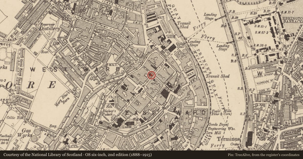 Ordnance Survey six-inch map, 2nd edition (1888–1915) covering the location of Bank of Ireland, Derry City and Strabane, with a pin at the register's coordinates