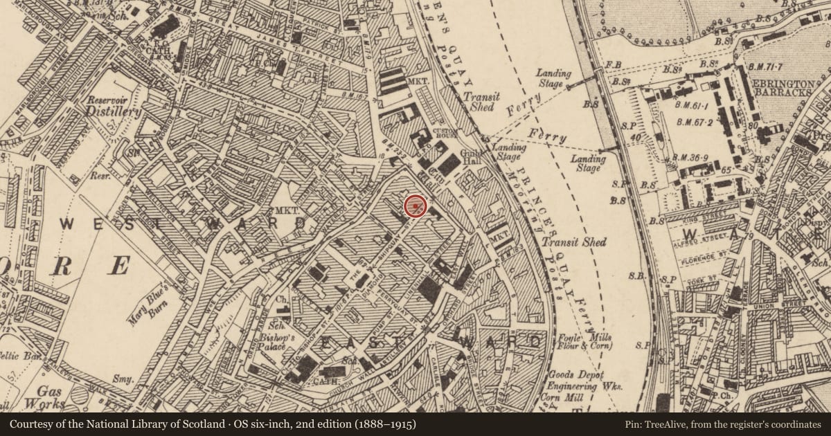 Ordnance Survey six-inch map, 2nd edition (1888–1915) covering the location of Beethoven House, Londonderry, Derry City and Strabane, with a pin at the register's coordinates