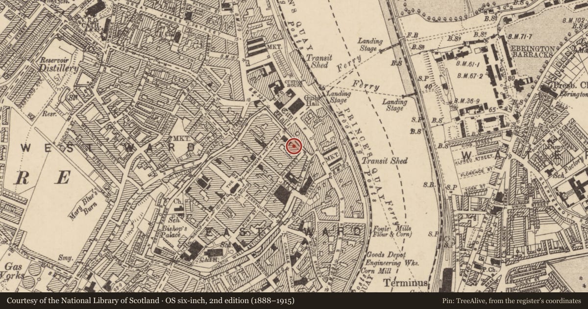 Ordnance Survey six-inch map, 2nd edition (1888–1915) covering the location of 3-4 Bank Place, Londonderry, Derry City and Strabane, with a pin at the register's coordinates