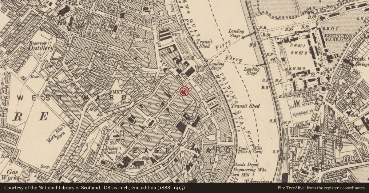 Ordnance Survey six-inch map, 2nd edition (1888–1915) covering the location of Former Northern Bank, Londonderry, Derry City and Strabane, with a pin at the register's coordinates