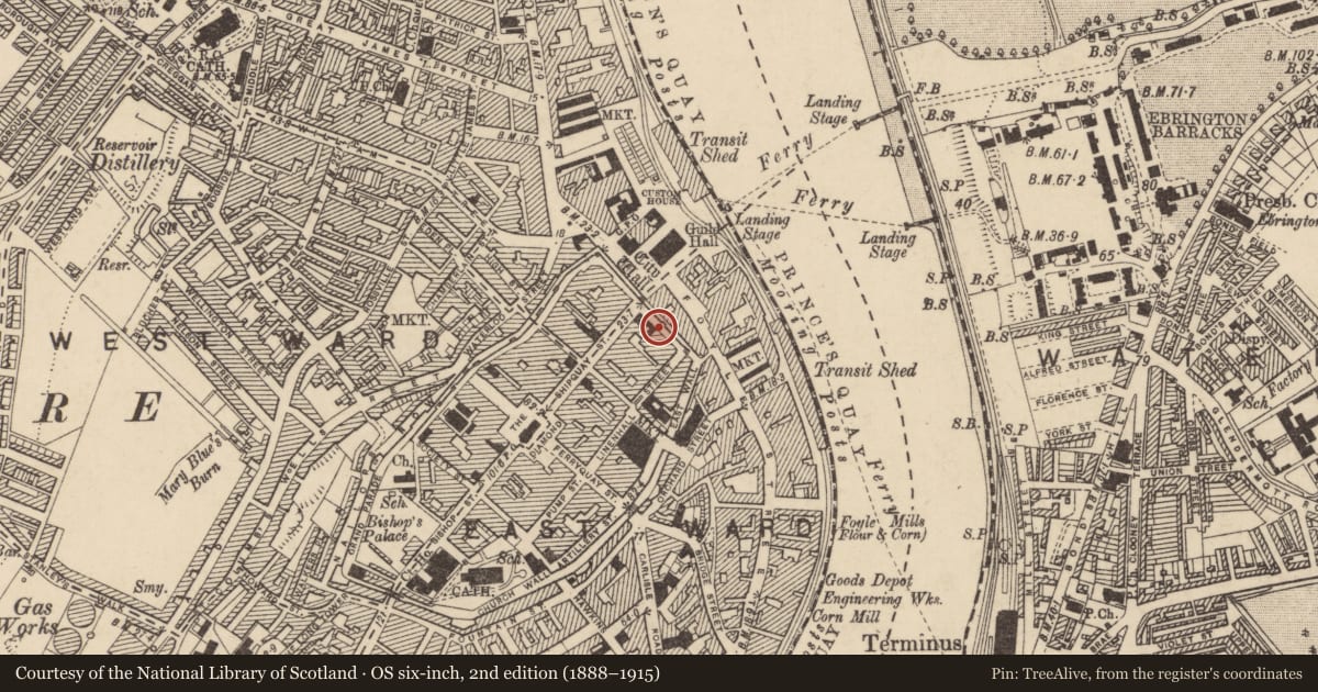 Ordnance Survey six-inch map, 2nd edition (1888–1915) covering the location of 2 Bank Place, Londonderry, Derry City and Strabane, with a pin at the register's coordinates