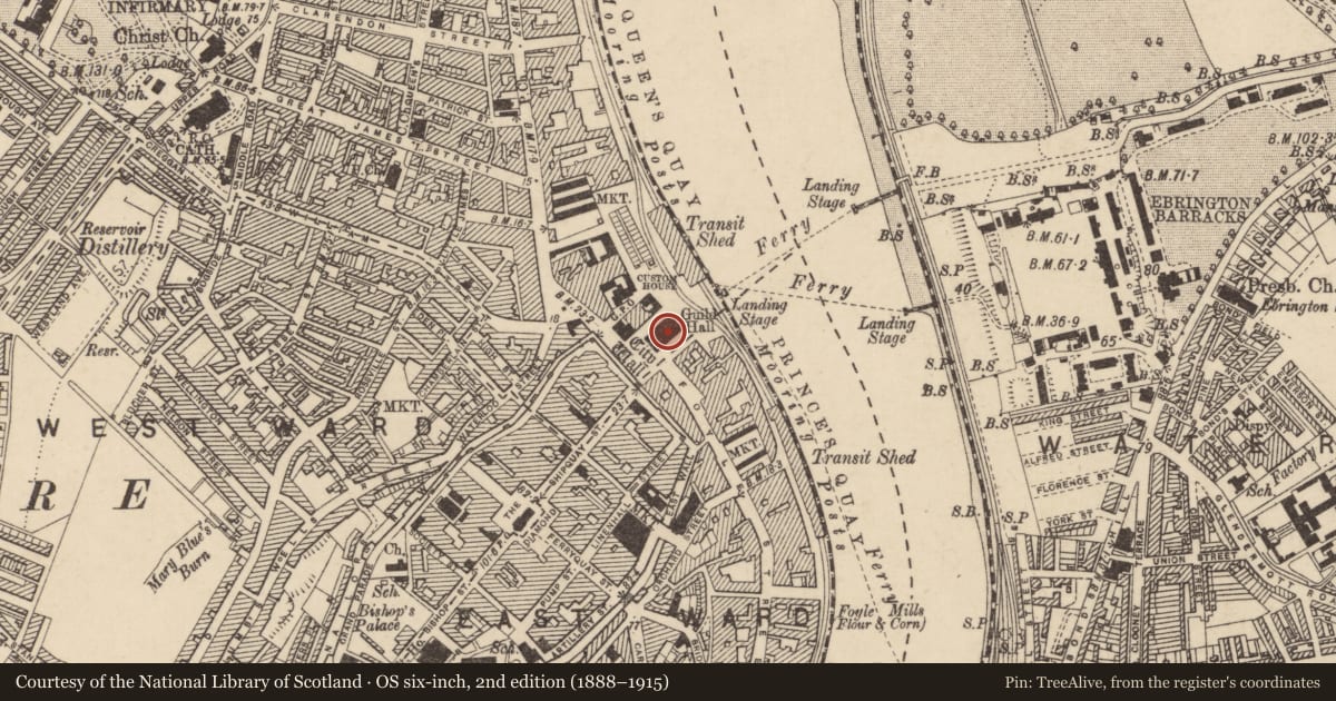 Ordnance Survey six-inch map, 2nd edition (1888–1915) covering the location of Guildhall, Londonderry, Derry City and Strabane, with a pin at the register's coordinates