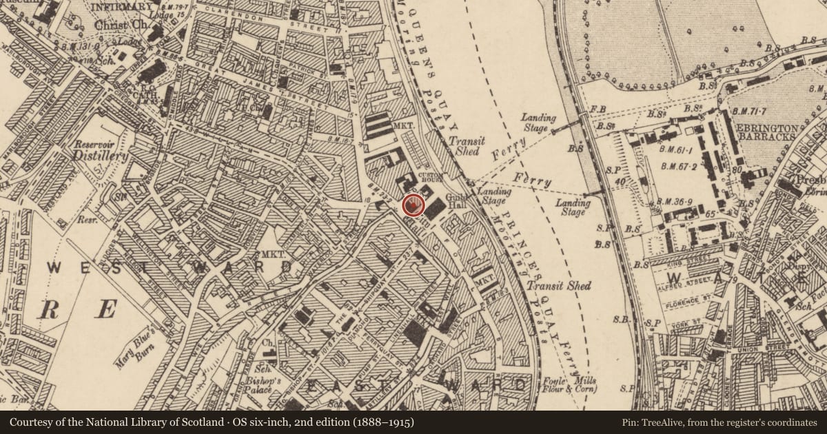 Ordnance Survey six-inch map, 2nd edition (1888–1915) covering the location of Danske Bank, Londonderry, Derry City and Strabane, with a pin at the register's coordinates