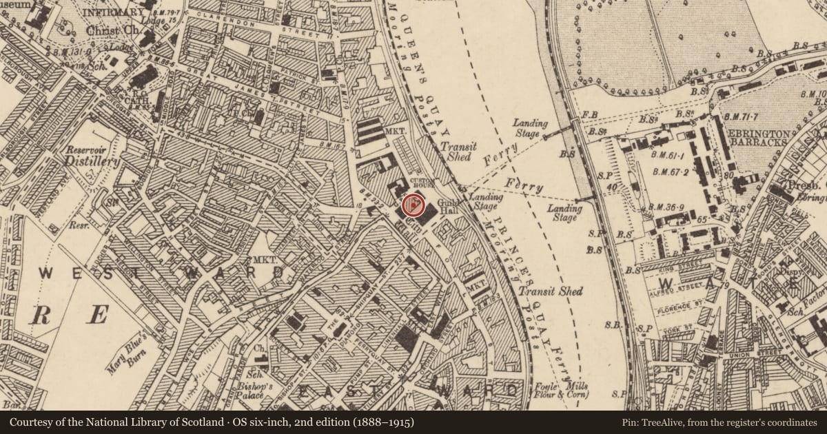 Ordnance Survey six-inch map, 2nd edition (1888–1915) covering the location of 1-3 Guildhall Street, Londonderry, Derry City and Strabane, with a pin at the register's coordinates