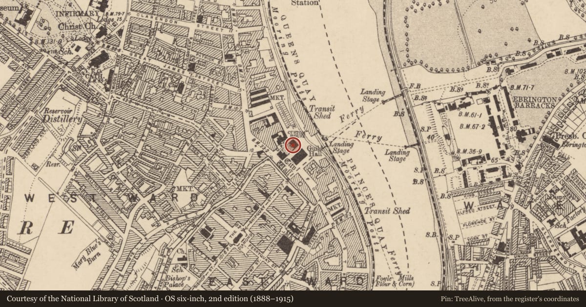 Ordnance Survey six-inch map, 2nd edition (1888–1915) covering the location of 5 Guildhall Street, Londonderry, Derry City and Strabane, with a pin at the register's coordinates