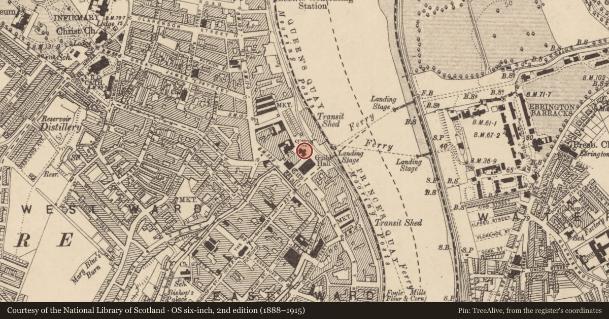 Ordnance Survey six-inch map, 2nd edition (1888–1915) covering the location of Harbour Commissioners Office, Londonderry, Derry City and Strabane, with a pin at the register's coordinates