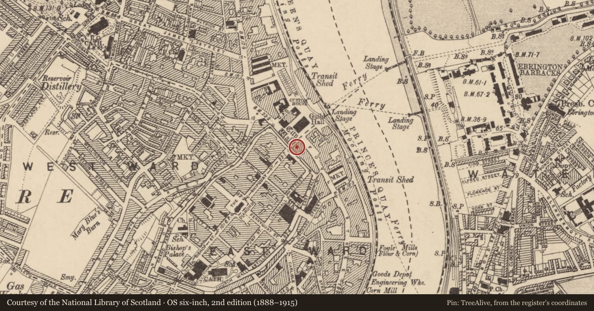 Ordnance Survey six-inch map, 2nd edition (1888–1915) covering the location of 1 Shipquay Place, Londonderry, Derry City and Strabane, with a pin at the register's coordinates