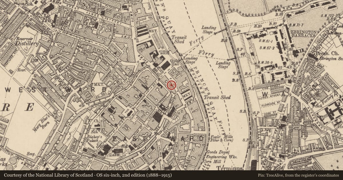 Ordnance Survey six-inch map, 2nd edition (1888–1915) covering the location of 19-21 Foyle St., Londonderry, Derry City and Strabane, with a pin at the register's coordinates