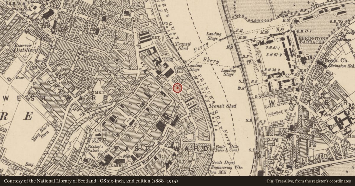 Ordnance Survey six-inch map, 2nd edition (1888–1915) covering the location of 10 Foyle Street, Derry City and Strabane, with a pin at the register's coordinates
