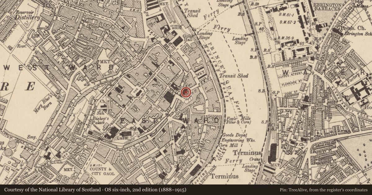 Ordnance Survey six-inch map, 2nd edition (1888–1915) covering the location of St Columb's Hall, Londonderry, Derry City and Strabane, with a pin at the register's coordinates