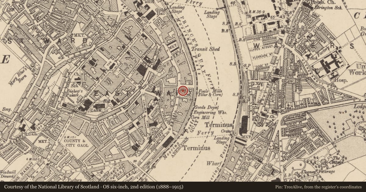 Ordnance Survey six-inch map, 2nd edition (1888–1915) covering the location of YMCA, Derry City and Strabane, with a pin at the register's coordinates