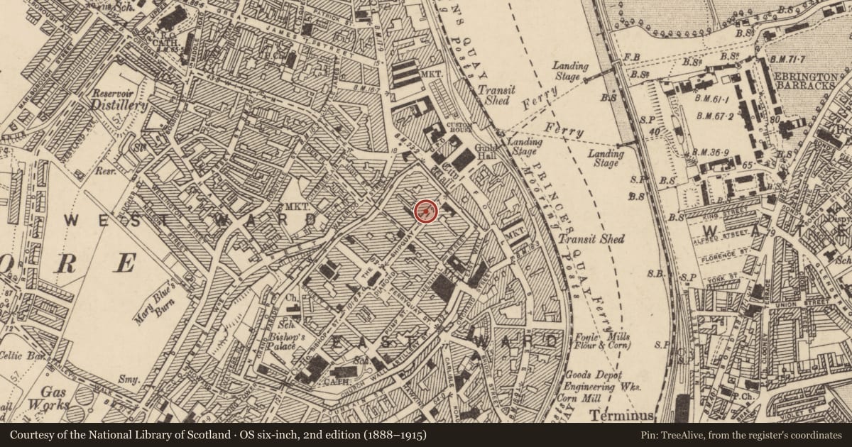 Ordnance Survey six-inch map, 2nd edition (1888–1915) covering the location of 22-26 Shipquay Street, Londonderry, Derry City and Strabane, with a pin at the register's coordinates