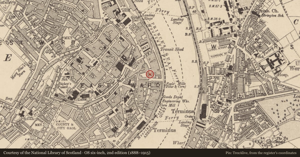 Ordnance Survey six-inch map, 2nd edition (1888–1915) covering the location of 69-79 Foyle Street, Derry City and Strabane, with a pin at the register's coordinates