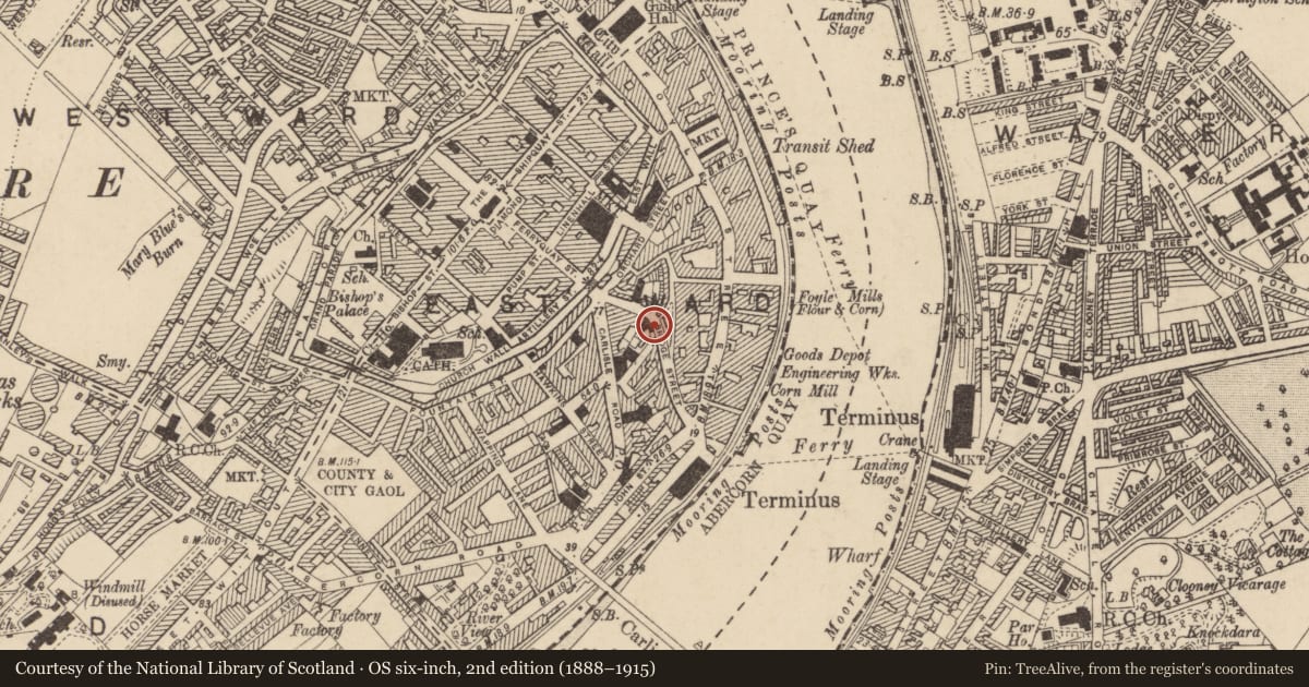 Ordnance Survey six-inch map, 2nd edition (1888–1915) covering the location of Ozanam House, Derry City and Strabane, with a pin at the register's coordinates