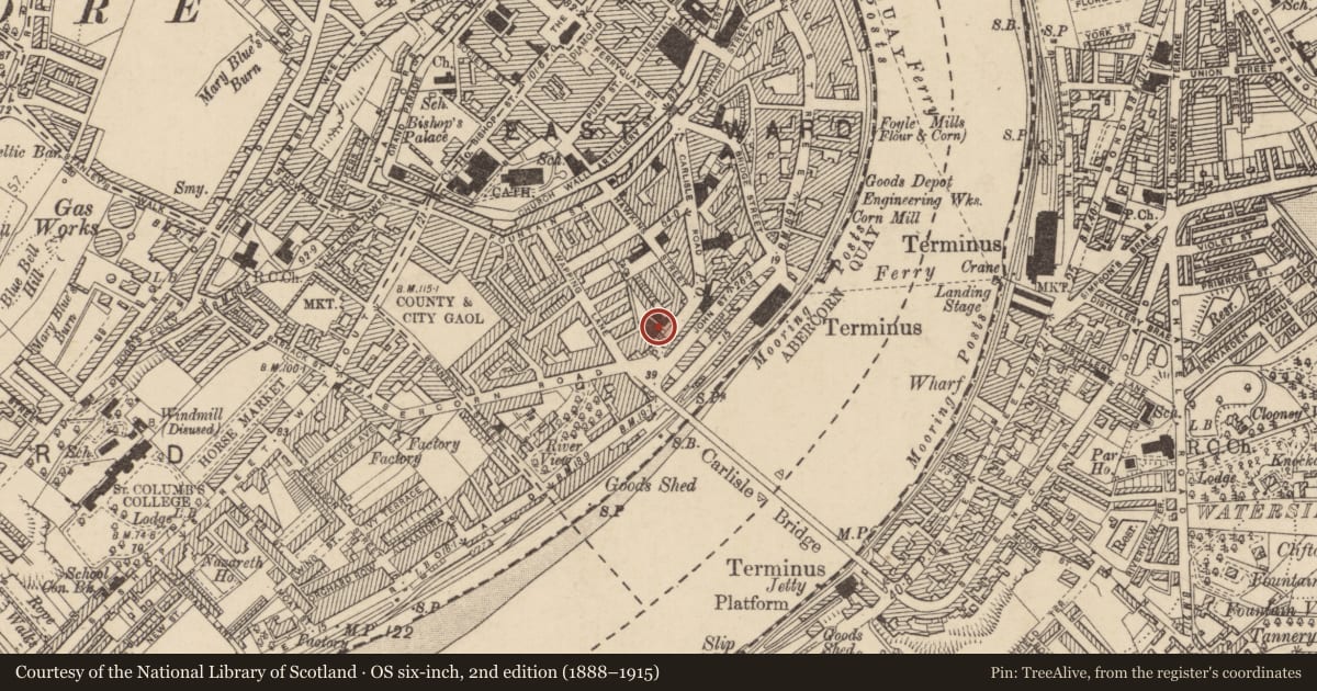 Ordnance Survey six-inch map, 2nd edition (1888–1915) covering the location of Presbyterian Church, Londonderry, Derry City and Strabane, with a pin at the register's coordinates