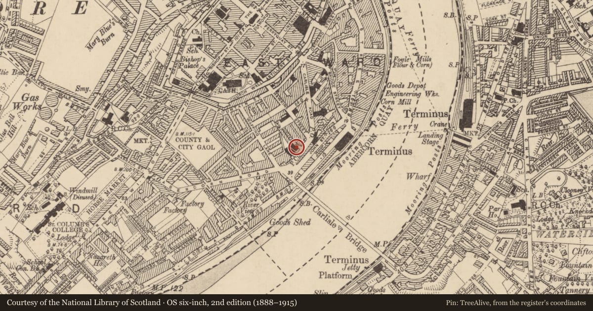 Ordnance Survey six-inch map, 2nd edition (1888–1915) covering the location of Presbyterian Church School, Londonderry, Derry City and Strabane, with a pin at the register's coordinates