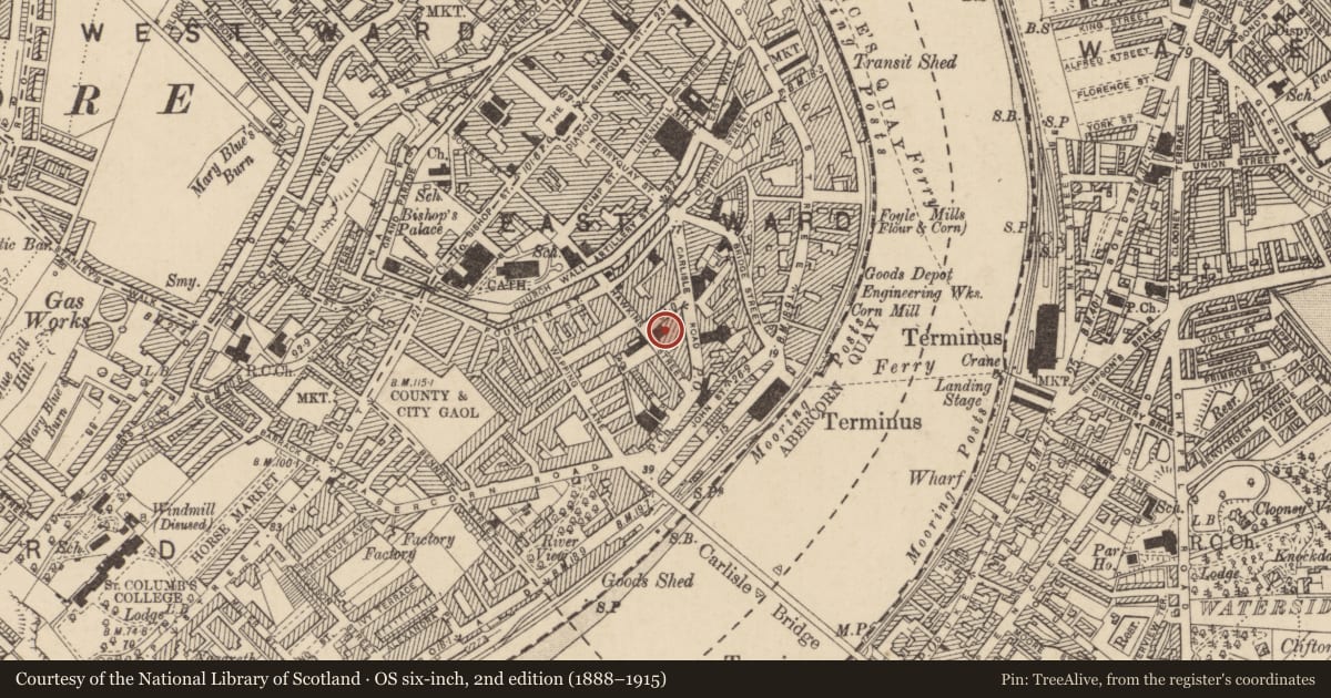 Ordnance Survey six-inch map, 2nd edition (1888–1915) covering the location of Good Templars Hall, Londonderry, Derry City and Strabane, with a pin at the register's coordinates