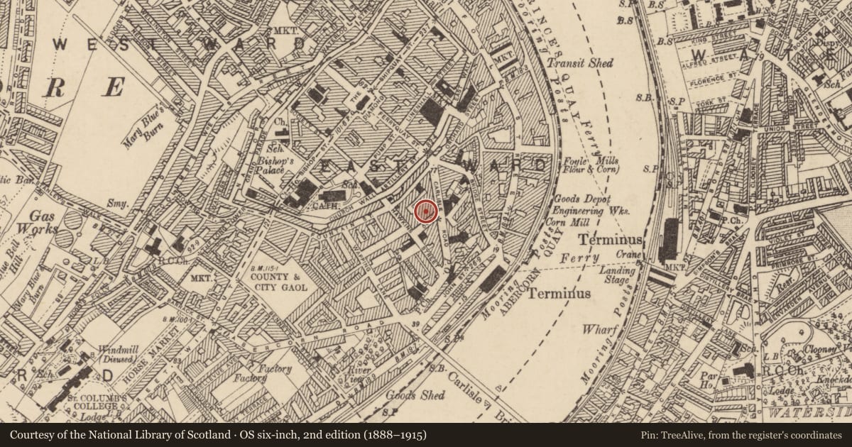 Ordnance Survey six-inch map, 2nd edition (1888–1915) covering the location of FACTORY, Londonderry & Suburbs, Derry City and Strabane, with a pin at the register's coordinates
