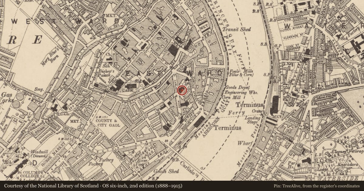 Ordnance Survey six-inch map, 2nd edition (1888–1915) covering the location of Methodist Church, Londonderry, Derry City and Strabane, with a pin at the register's coordinates