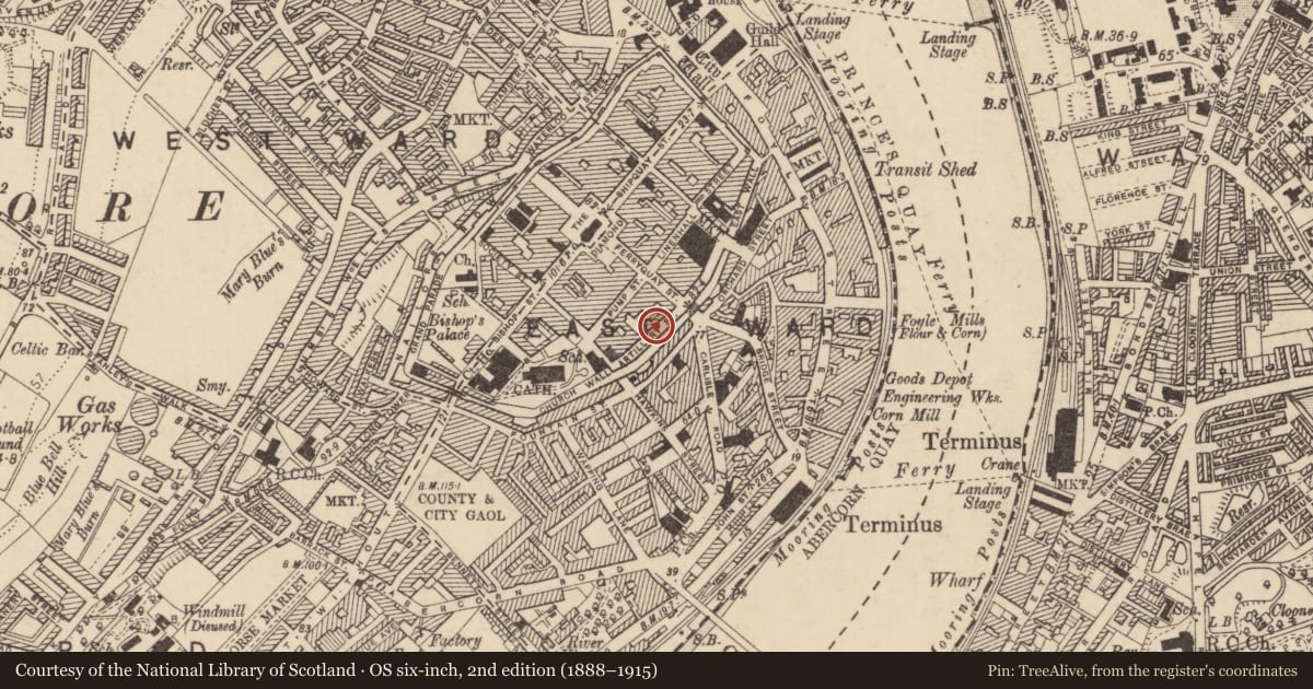 Ordnance Survey six-inch map, 2nd edition (1888–1915) covering the location of Former St. Joseph's and St. Mary's Primary School, Londonderry, Derry City and Strabane, with a pin at the register's coordinates
