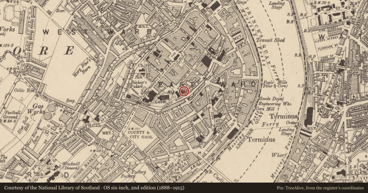 Ordnance Survey six-inch map, 2nd edition (1888–1915) covering the location of Synod Hall, Londonderry, Derry City and Strabane, with a pin at the register's coordinates